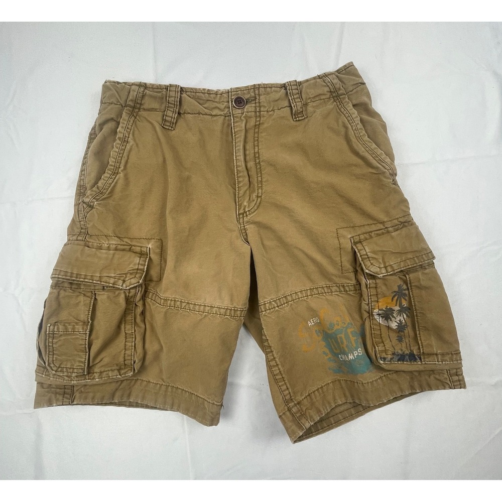 Aeropostale Mens Tan Khaki Cargo Shorts SoCal Surf Champs Graphic Size 32
